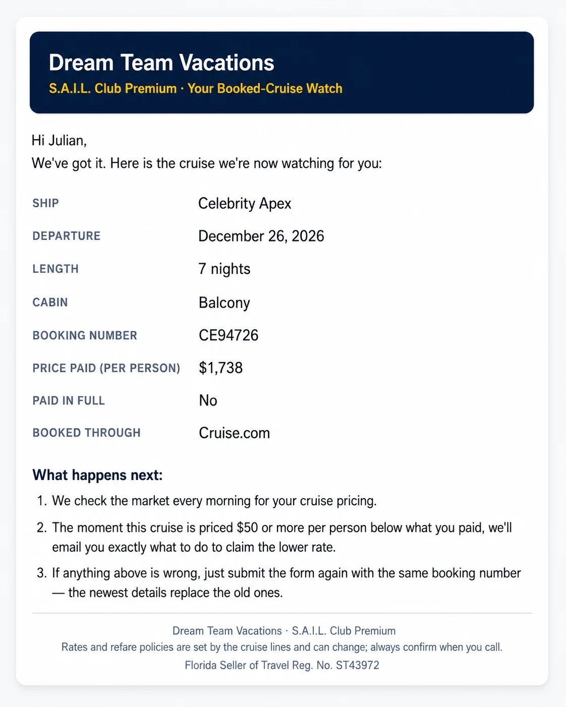 Email confirming that The Cruise Facts™ is watching a booked cruise